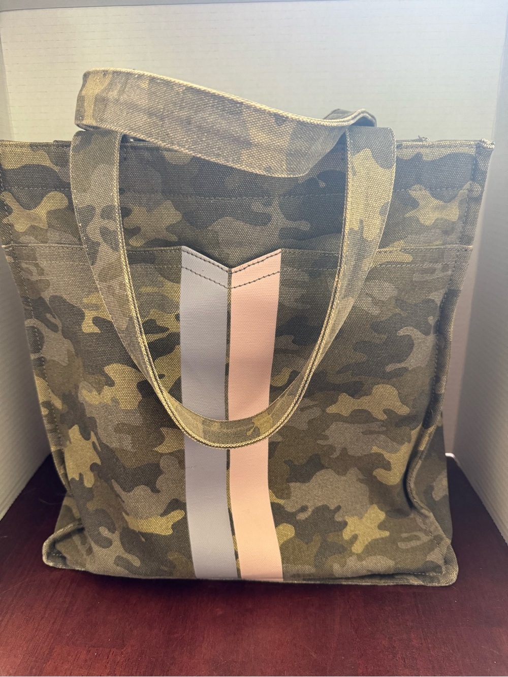 Stella & Dot Camo Canvas Tote with Pink & Light Lilac Stripe